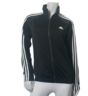Adidas Sz. Medium Jacket Black Full Zip Satin Finish Three Stripe Coat